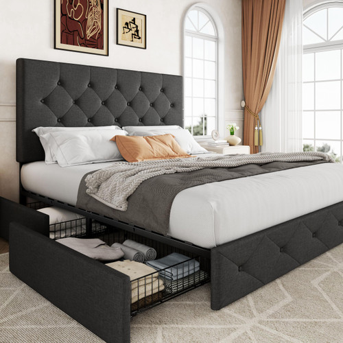 Allewie Upholstered Queen Size Platform Bed Frame with 4 Storage Drawers and Headboard, Diamond Stitched Button Tufted