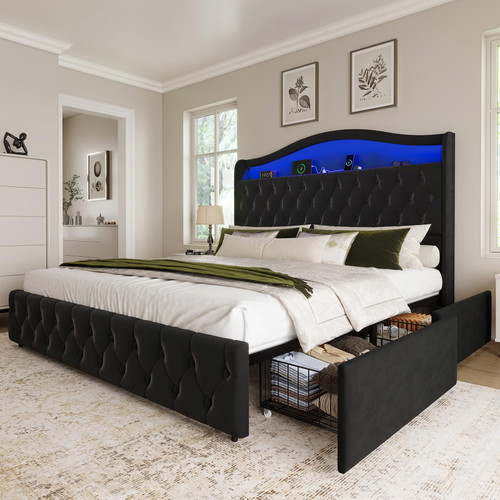 King Size Bed Frame and Headboard & 4 Storage Drawers, Black | Upholstered Platform Bed Frame with RGB LED Lights & Charging Station