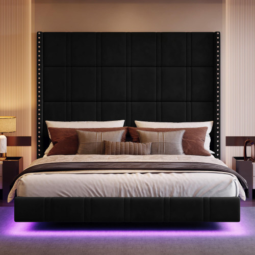 Belffin King Size Floating Bed Frame with 72.44" Extra-Tall Headboard | Luxury Velvet Upholstered Bed Frame with LED Lighting