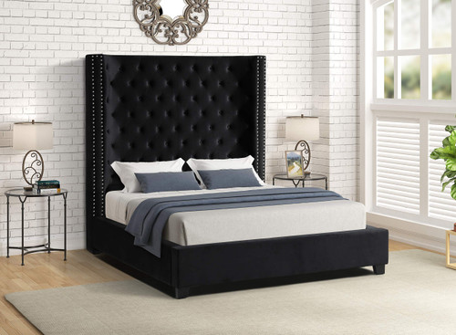 Jaclyn Upholstered Low-Profile Platform Bed Frame, Black - California King | Velvet Fabric, 70" Tall Straight Edge Headboard