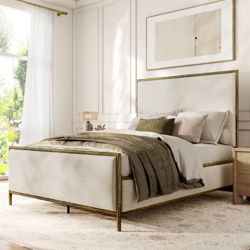 Lalia Hammered Metal Upholstered Bed with Beige Fabric 60-inch Tall Headboard