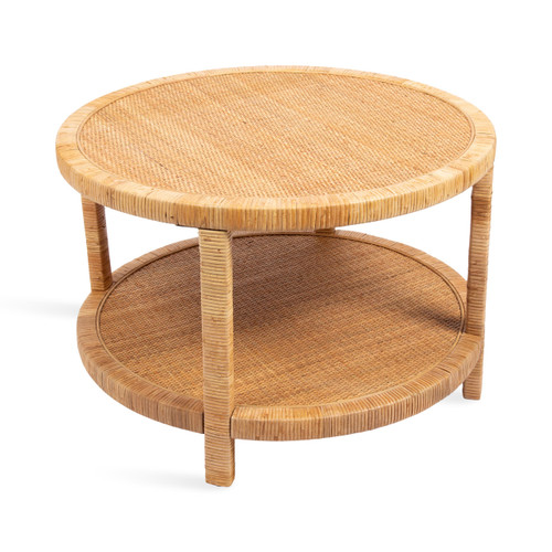 Transitional Boho Circle Woven Rattan Living Room Coffee Table with Storage Shelf Below