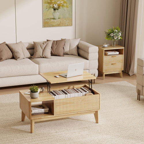 LYNCOHOME 2 Piece Living Room Table Set, Includes Coffee Table with 2 Drawer End Table