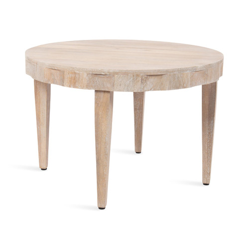 Modern Wavy Round Wood Coffee Table, 28 x 28 x 18, Natural Wood, Decorative Circular Living Room Table with Scalloped Apron