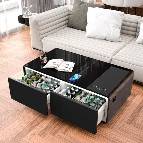 Smart Coffee Table with Built-in Fridge and Bluetooth, LT135-Brown | Smart Refrigerator Table with Wireless Charger