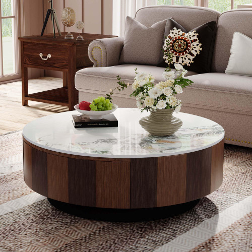 Full Assembly Mid Century Modern Coffee Table with Drawer, 35.4" Circle Center Table for Living Room with White Marble-Look Top