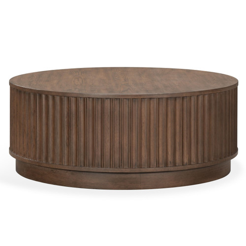 Dark Brown Oak Round Coffee Table with Fluted Design - Fully Assembled Modern Living Room Furniture