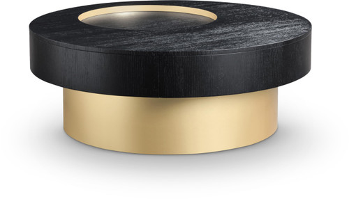 Contemporary Coffee Table with Rich Black Finish, Oak Veneer, Brushed Brass Finish On Base, 39" W x 39" D x 16" H, Black