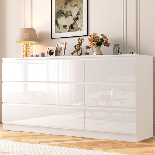 JassmiPkwy 70 INCH 9 Drawers Dresser with Power Outlet, Wide High Gloss Chest of Drawers Large