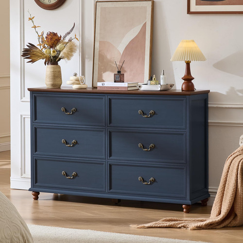 Joaxswe Farmhouse 6 Drawers Dresser for Bedroom, Vintage 54" Wide Chest of Drawers w/ 4 Wooden Legs