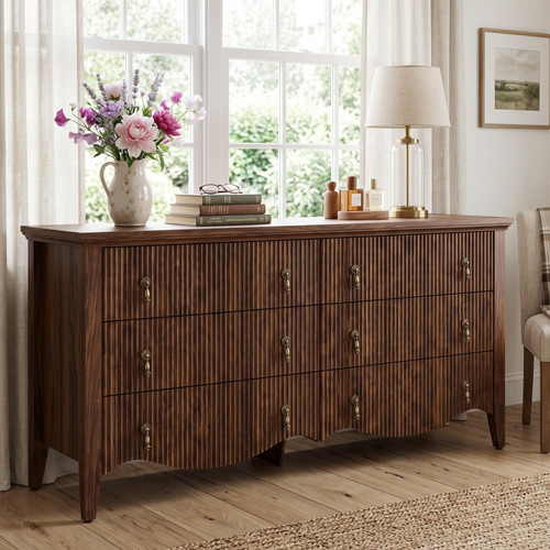 FUSUNBAO 6-Drawer Fluted Dresser, 52" Wide Double Chest of Drawers,Walnut | Fluted Design, Horizontal Chest of Drawers