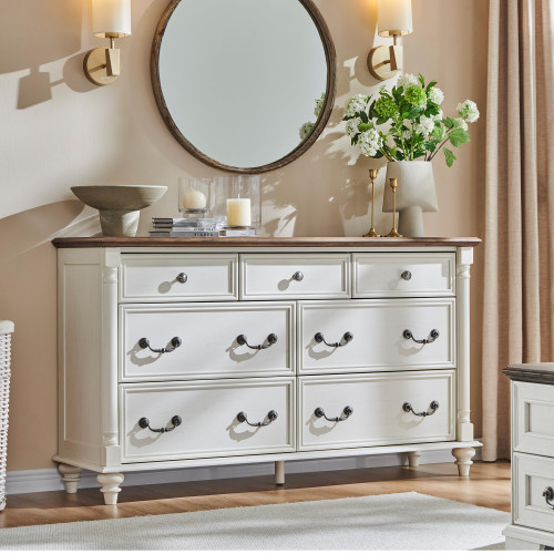 T4TREAM Farmhouse 7-Drawer Dresser with Solid Wood Feet, Antique White