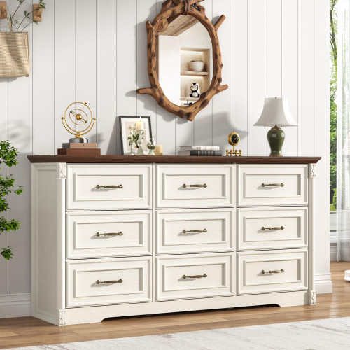 Embossed Roman Column Wood Rustic 63 Inch Wide Dresser & Chest of Drawers with Rustic Handles,Tall Storage Organizer for Bedroom