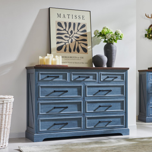 52" Wide Farmhouse 9 Drawer Dresser for Bedroom, Blue | Large Drawers, Metal Handles, Side Panel Design