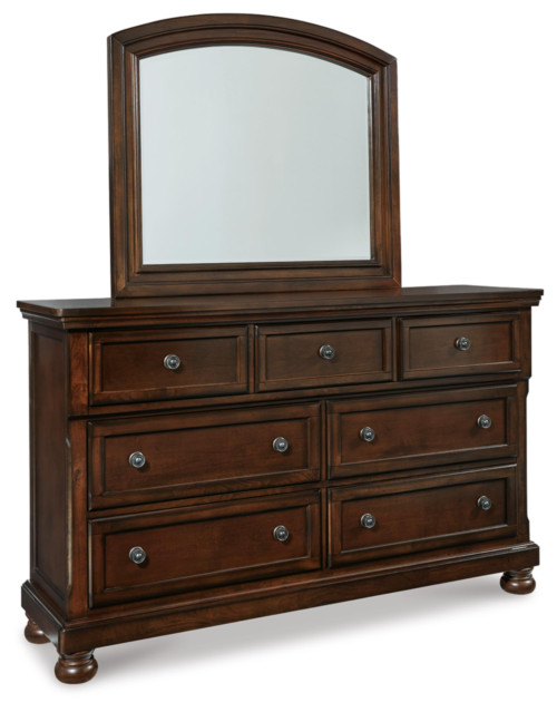 7-Drawer Wide Dresser and Mirror | Rustic brown veneers, wood and engineered wood, concealed pull-out tray for valuables