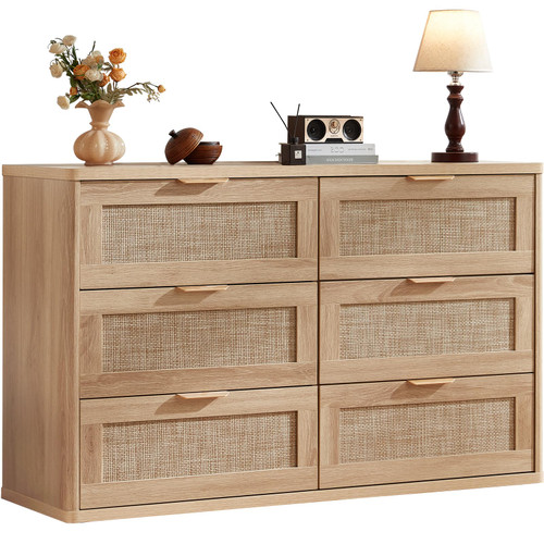 LEYAOYAO Rattan Dresser for Bedroom, 48'' Drawers Dressers | Gold Metal Handle, Modern Wide Chest of Drawers