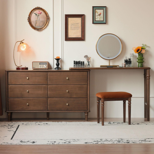 YESWOOD Large Vanity Desk with 6 Storage Dresser, North America Black Walnut Wood Adjustale Makeup Table for Girls