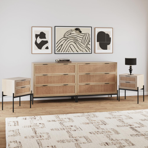 4-Piece Dresser and Nightstand Set, Boho Bedroom Furniture Set with Rattan Accent and Black Metal Legs