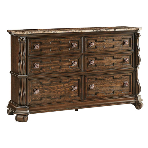 Belvedere 67.5" Wide 6-Drawer Traditional Double Dresser Marble Top Classical Bureau Fully Assembled