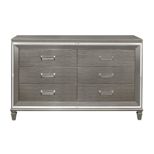 Silver Gray Metallic Finish Glam Style Dresser with 6 Drawers