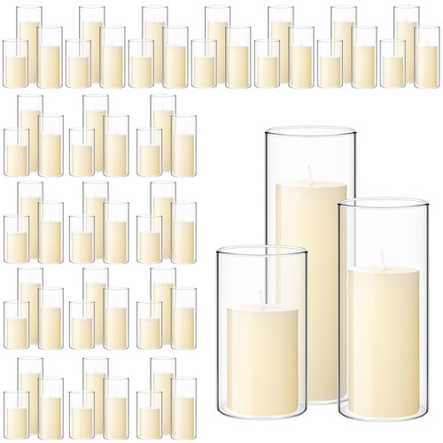 120 Pcs Pillar Candles & Glass Cylinder Holders Set,Ivory White | Clear Cylinder Vases for Slim Pillar Candles, Perfect for Wedding