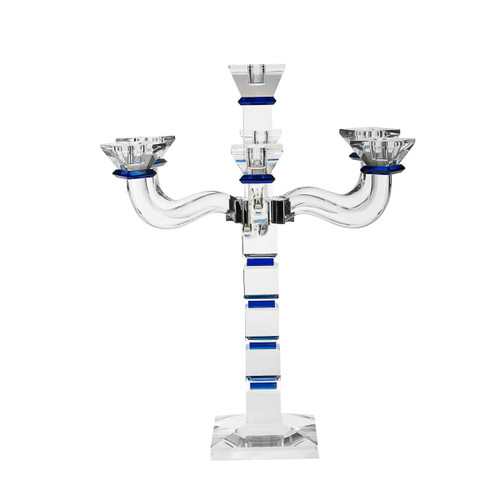 Glass Candleholder, Decorative Table Centerpiece Shabbat, 18" high. (Blue, 6 Arm)
