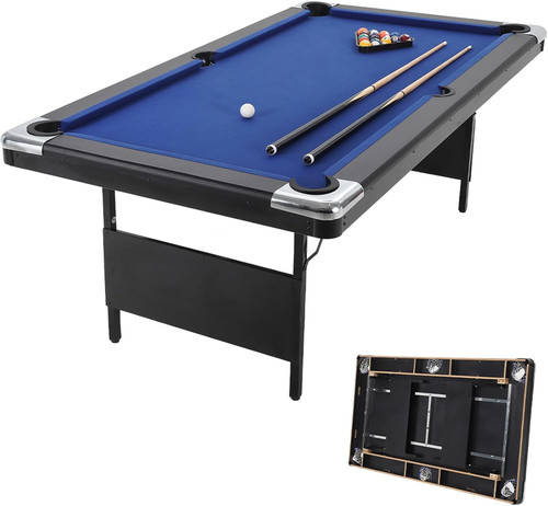 Foldable No Assembly Pool Table with Balls, Cues, Chalk, Rack & Brush, Portable Billiards Game Table for Apartment