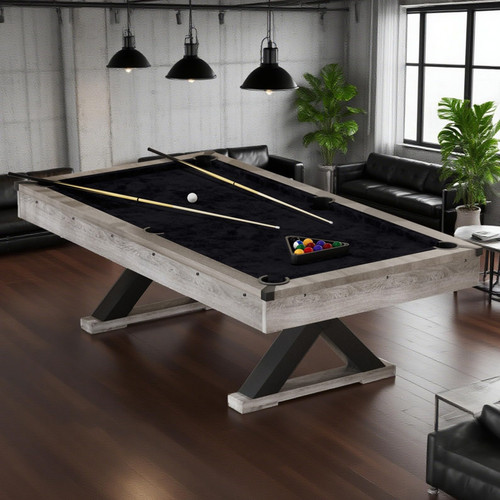 84" Rustic Grey Pool Table with X-Shaped Legs and Black Cloth – Includes Billiard Balls, Cues, and Accessories for Game Room