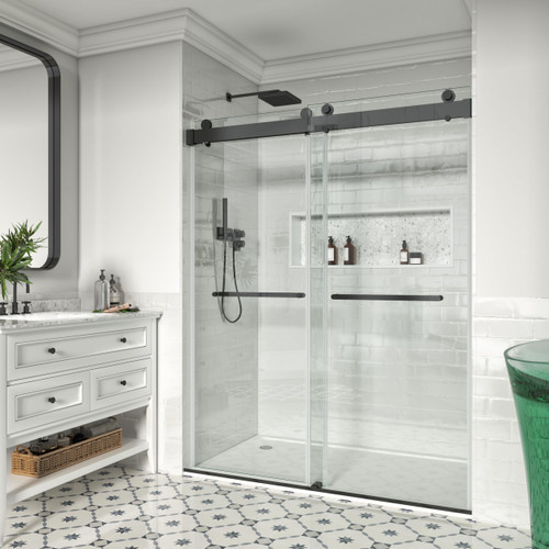 62-67" W x 76" H, 3/8" Tempered Glass, Matte Black