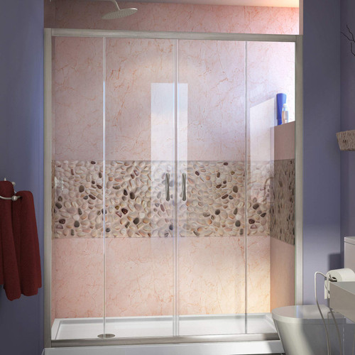 DreamLine Visions 30 in. D x 60 in. W x 74 3/4 in. H Sliding Shower Door in Brushed Nickel with Left Drain White Shower Base, DL-6960L-04CL