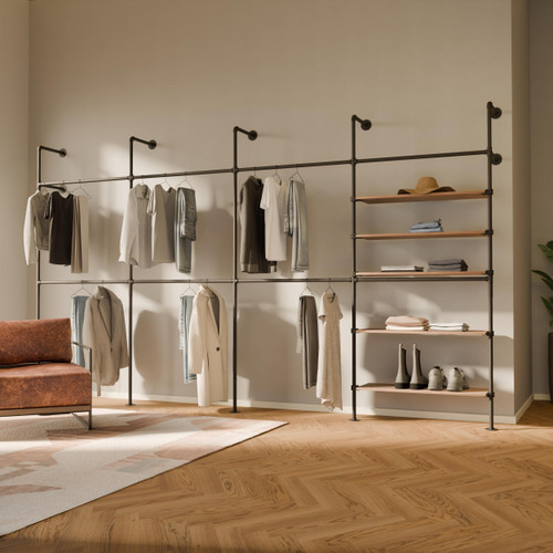 pamo Wall Mounted Clothing Rack with Oak Sheves – 154" W × 87" H, 1235 lbs