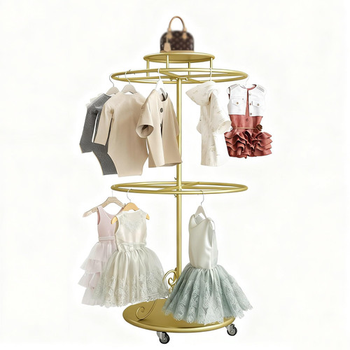 Rotatable Round Clothes Rack, 2-tier Retail Kids Garment Rack with Top Shelf and Wheels  for Boutique