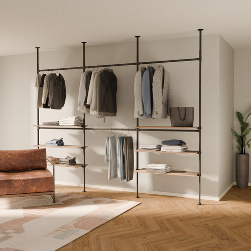 pamo Adjustable Clothes Rack with Shelves 117" W x 86"-118" H | 6x Oak Shelves, 551 lbs Load Capacity