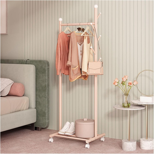 Garment Rack Freestanding Coat Hanger On Wheels Clothing Rack with Bottom Storashelves(Pink,55Cm)