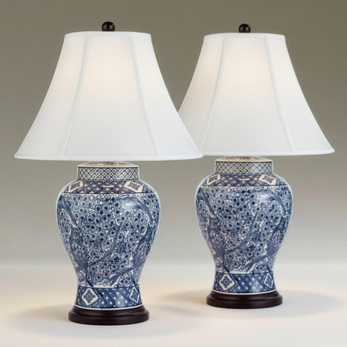 Garden Bird 27" Tall Table Lamps Set of 2 Blue Porcelain Jar Traditional White Shonna Living Room Bedroom Bedside Nightstand