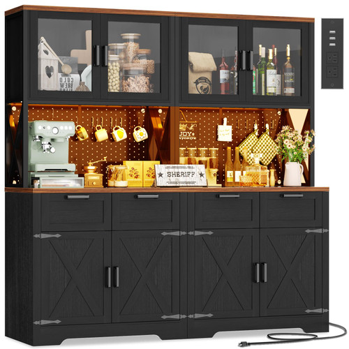 Kitchen Pantry Cabinet with LED Light & Outlet, Microwave Stand