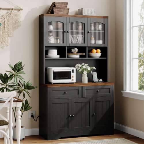 Storage Cabinet with Microwave Stand, Farmhouse Kitchen Hutch with Storage