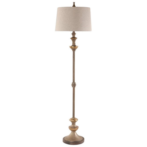 BOWERY HILL Contemporary Floor Lamp, 66.5" H, Steel/Resin, Silver and Bronze Finish, Ivory Linen Shade
