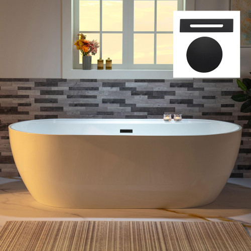 Soaking White Tub with Matte Black Overflow and Drain,B0059-MB
