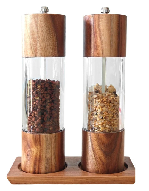 Acrylic Salt and Pepper Grinder Set With Wooden Tray,