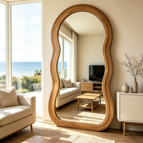 71"x33.5" Wavy Full Length Mirror with 3-Layer Solid Wood Frame