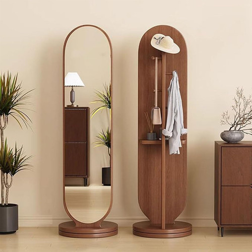 Rotating Full Length Mirror with Coat Rack, Solid Wood Floor Standing Dressing Mirrors, for Bedroom Living Room Dressing Room(Walnut,56x166cm)