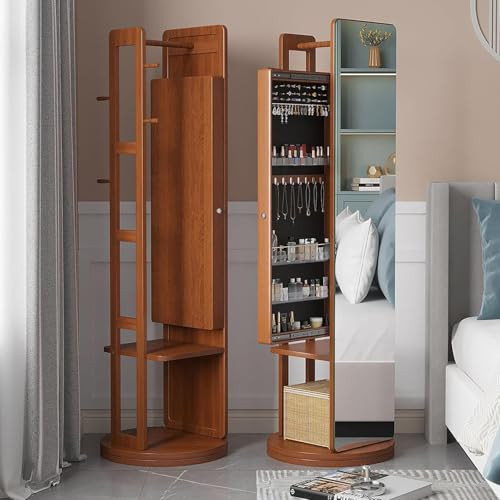 Solid Wood Full Body Dressing Mirror with Integrated Makeup Cabinet & Hanger