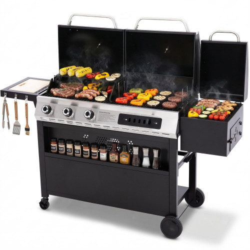 3-Burner Gas and Charcoal Grill Combo with Offset Smoker