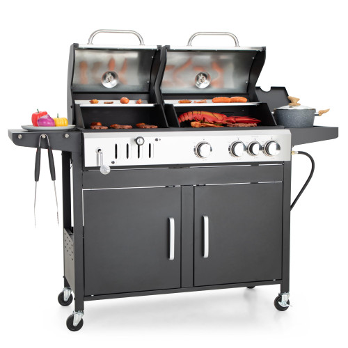Charcoal Grill Combo with Side Burner,Black