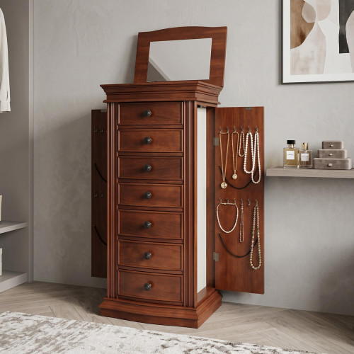 Jewelry Storage Organizer with Flip-Top Mirror, Side Doors, 7 Drawers, Necklace, Earring, and Bracelet Storage, Walnut