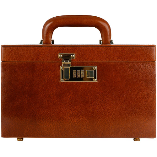 Time Resistance Leather Jewelry Box - Full Grain Leather Organizer with Key Lock for Women (Cognac Brown)