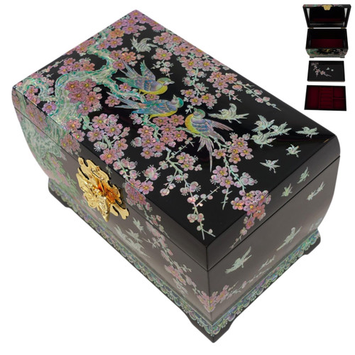 February Mountain Korean Mother of Pearl Jewelry Box – 2-Layer Storage with Mirror and Velvet Trays