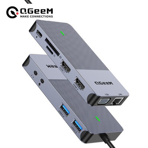 QGeeM USB Hub 3.0 Docking Station Triple Display Dual HDMI VGA USB Adapter Splitter for Xiaomi Laptops USB C Hub PC 