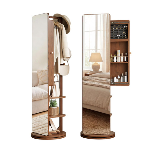 360°Swivel Jewelry Organizer,Jewelry Armoire Cabinet Standing,Full Length Mirror with Storage&Coat Rack,Walnut